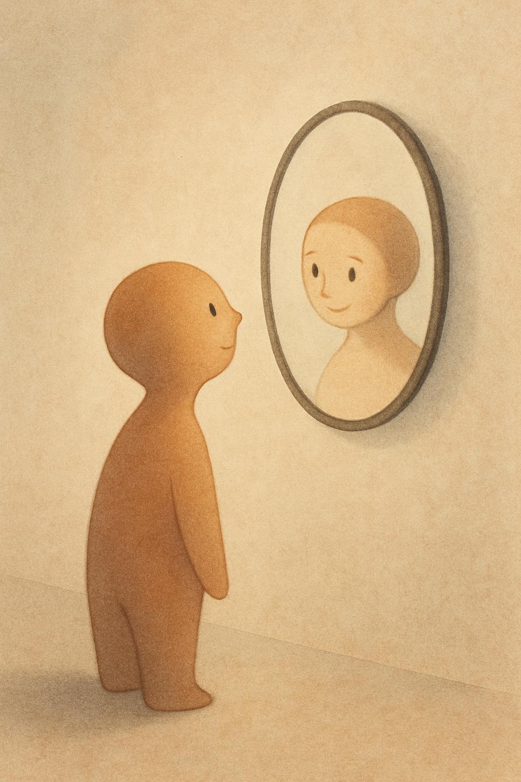 A figure made of smooth brown material looks into a circular mirror that reflects a similar, though less roughly-formed, h...