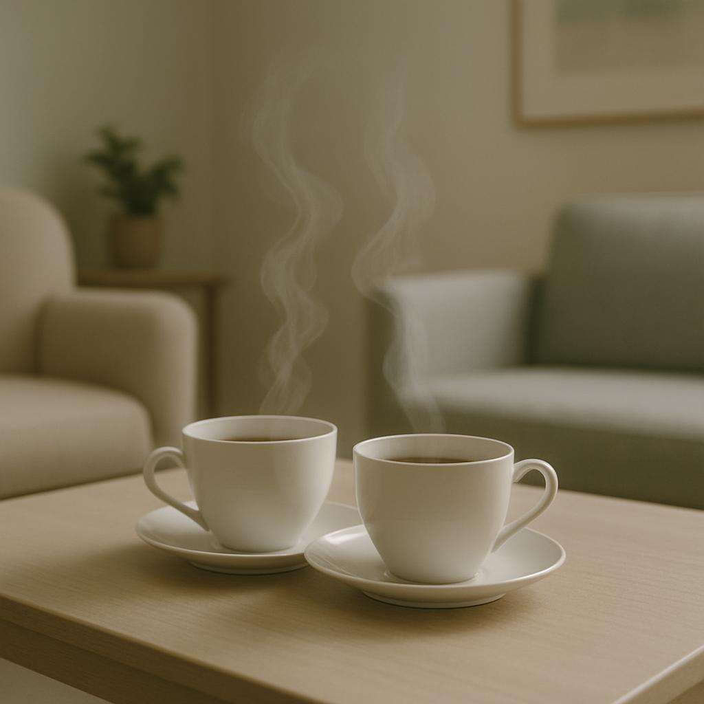 Two white steaming coffee mugs on a light wood coffee table with a light-coloured couch in the background.